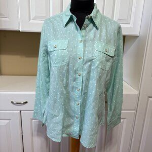 Liz Claiborne Polka Dot Seafoam Linen/Cotton Button Down Blouse Woman's size PL